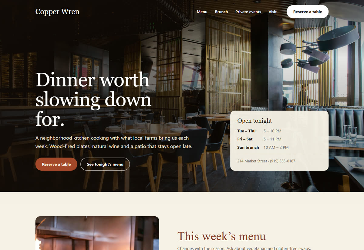 Copper Wren Kitchen, a concept restaurant website showing hours and a reserve-a-table button