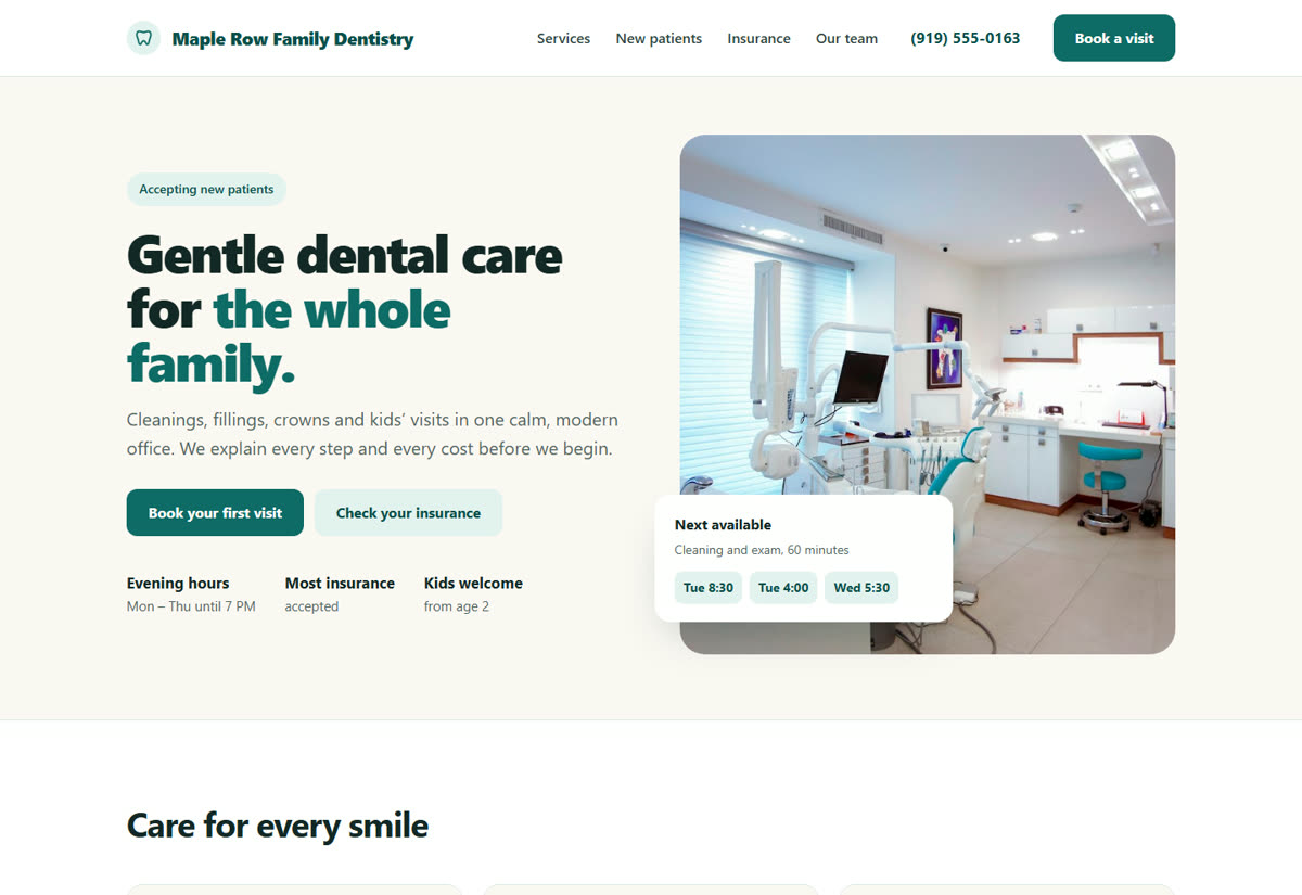 Maple Row Family Dentistry, a concept dental website showing new-patient booking and open appointment times